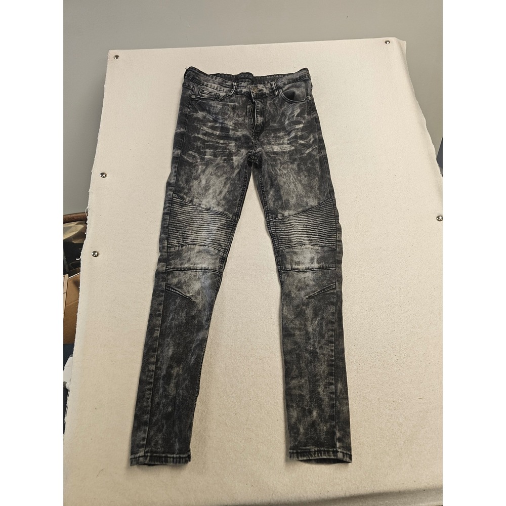 Uncrypted Mens Acid Wash Black Moto Skinny Jeans Size 34 Ribbed Biker Denim